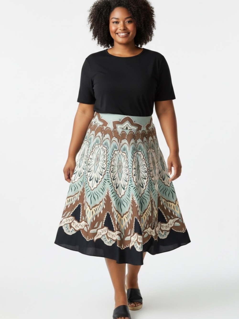VTG Coldwater Creek Sage Green Multi Silk Boho Full Circle Midi Skirt Size 1X